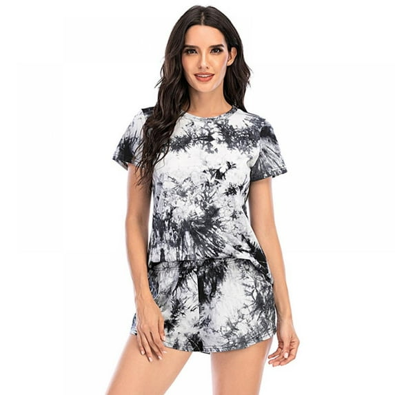 Women's Tie-dye Shorts Pajamas Suit Short-sleeved Pajamas Casual Pajamas, Black&White 2XL