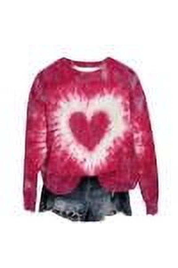 Women's Tie-dye Tops Love Heart Valentines Sweatshirt Long Sleeve Crewneck Pullover Valentine's Day Gifts (2XL, Pink 02)