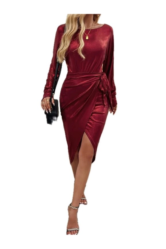 Women's Tied Boat Neck Long Sleeve Dress with Crisscross Sheer Detail 92% viscose 8% elastane Easy Care Machine Washable