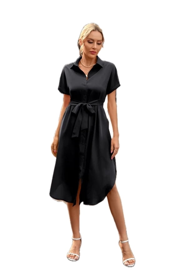 Women's Tied Button Up Shirt Dress in Polyester Fabric with Self Tie Button Front for Everyday Elegance for Daily Wear