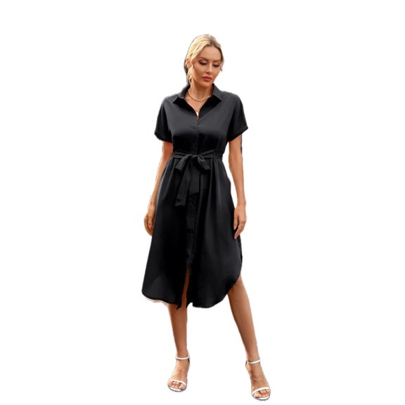 Women's Tied Button Up Shirt Dress in Polyester Fabric with Self Tie Button Front for Everyday Elegance for Daily Wear