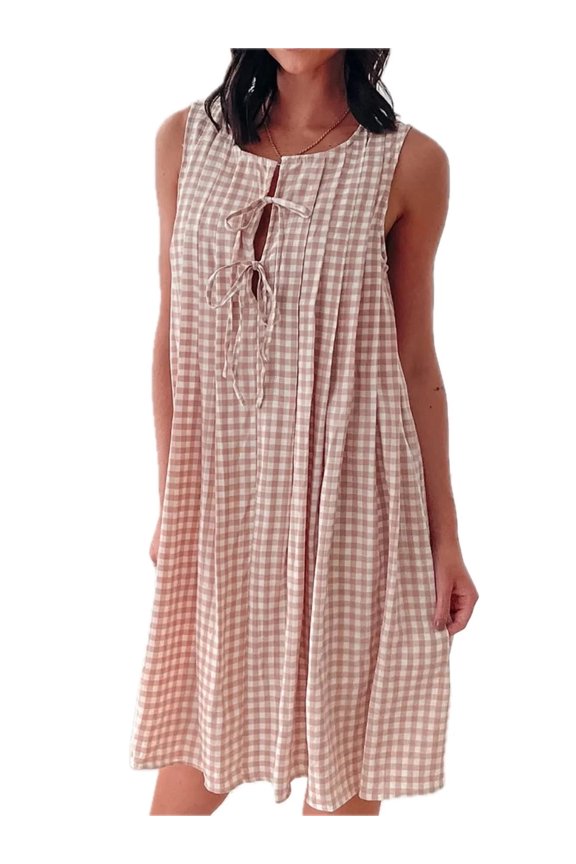 Women's Tied Front Sleeveless Plaid Dress with Ruched Detail 95% Polyester 5% Spandex Lightweight Evening Ready