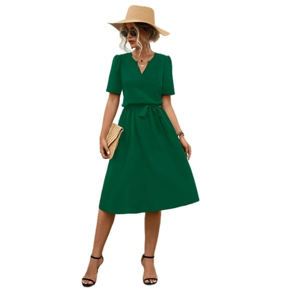 Women's Tied Notched Short Sleeve Dress with Tie Detail and Opaque Body for Everyday Wear 95% polyester 5% elastane