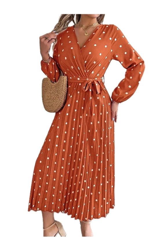 Women's Tied Polka Dot Long Sleeve Midi Dress 100% Polyester Sheer Bodice Not Lined Elegant Versatile Day to Night