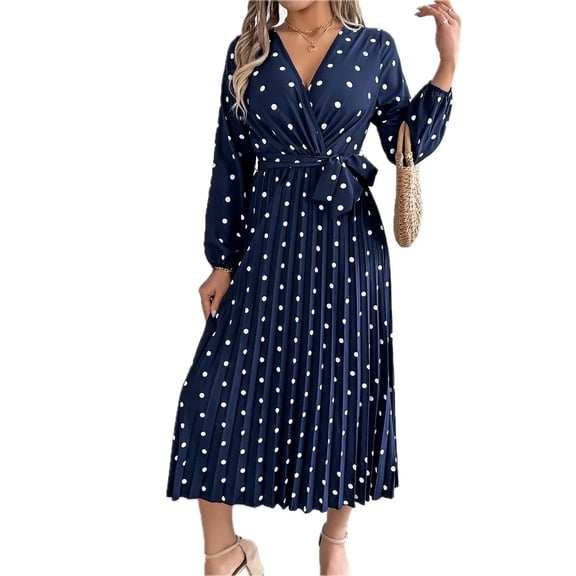 Women's Tied Polka Dot Long Sleeve Midi Dress 100% Polyester Sheer Bodice Not Lined Elegant Versatile Day to Night