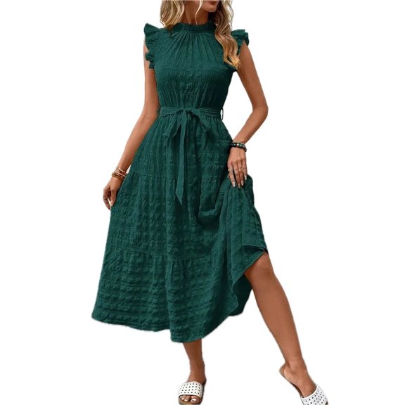 Women's Tied Ruffled Cap Sleeve Midi Dress 95% polyester 5% elastane for a chic silhouette suitable for events