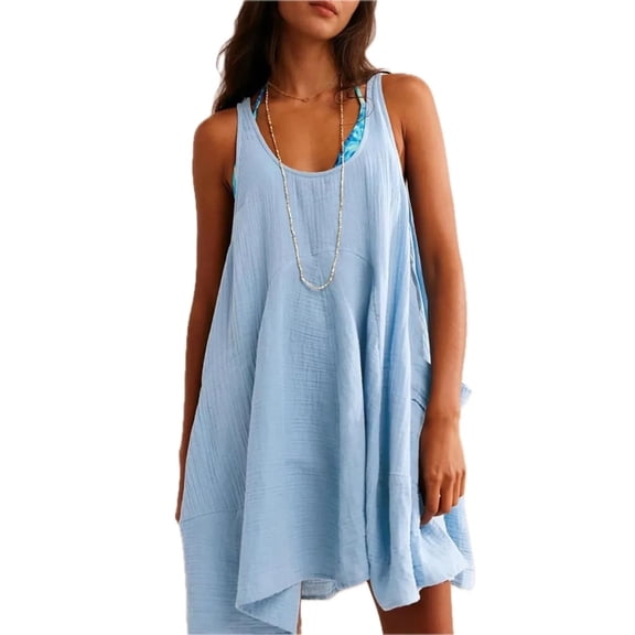 Women's Tied Scoop Neck Wide Strap Mini Dress with Pockets Sheer Overlay 100% Polyester Casual Evening for Summer