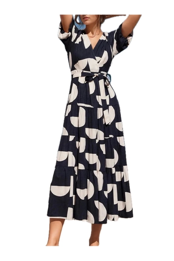 Women's Tied Slit Printed Half Sleeve Midi Dress with Sheer Look and Lightweight Polyester % Fabric for Everyday Wear