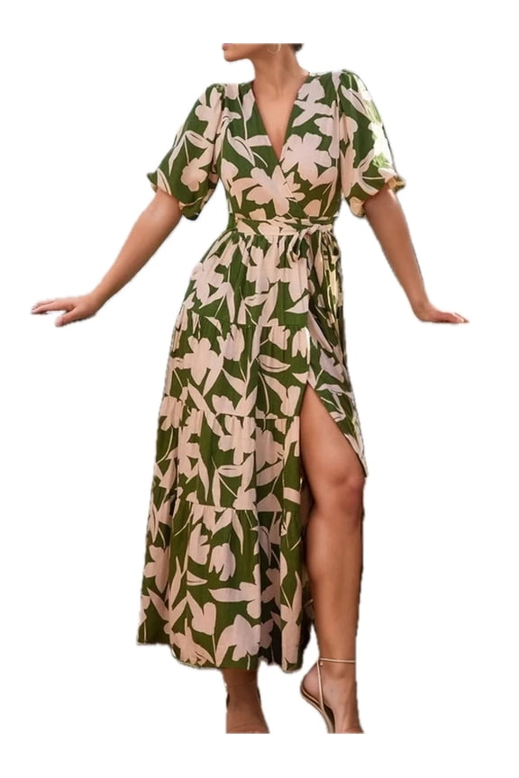 Women's Tied Slit Printed Half Sleeve Midi Dress with Sheer Look and Lightweight Polyester % Fabric for Everyday Wear