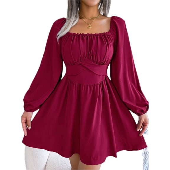 Women's Tied Square Neck Balloon Sleeve Dress Mini Casual Chic Look with Tie Neckline and Long Sleeves for Everyday Wear