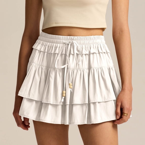 Women's Tiered A-Line Mini Skirt with Built-In Liner Summer Solid Color Elastic Drawstring Loose Pleated Skirt for Summer Casual, Size S-XL