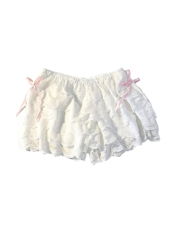 Women’s Tiered Lace Bloomer Shorts, White, L, four-layer ruffle trim, side bows, elastic mid-rise waist, for under skirts, costumes, lounging