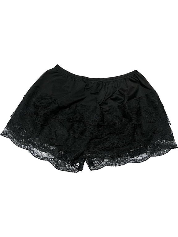 Women’s Tiered Lace Layering Shorts, Black, M, three-layer ruffle trim, elastic waistband, relaxed bloomer shape, for under skirts, costumes, lounging