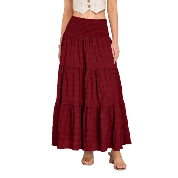Women's Tiered Layered Smock High Stretch A-Line Flowy Long Maxi Skirt with Pockets