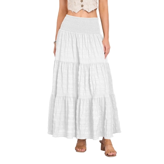 Women's Tiered Layered Smock High Stretch A-Line Flowy Long Maxi Skirt with Pockets