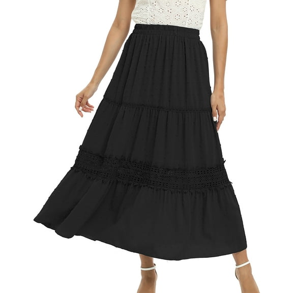 Women's Tiered Long Skirt Boho Solid Color Elastic High Waist Skirt Flowy Swiss Dot Hollow Out Maxi Skirts, Black S-2XL