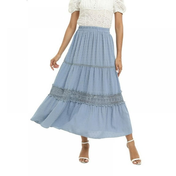Women's Tiered Long Skirt Boho Solid Color Elastic High Waist Skirt Flowy Swiss Dot Hollow Out Maxi Skirts, Blue S-2XL