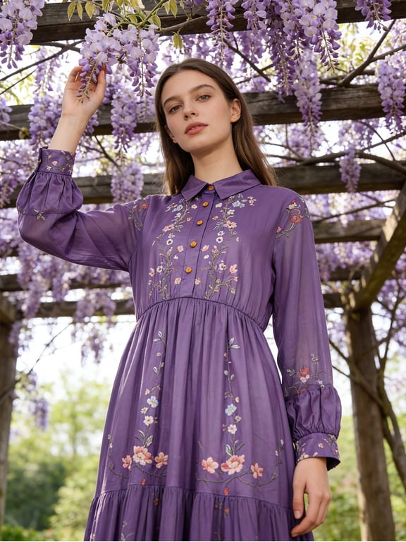 Women's Tiered Long Sleeve Floral Maxi Dress with Collared Button Front and Smocked Waist for Fall Weddings