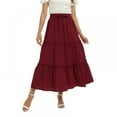 thumbnail image 1 of Women's Tiered Maxi Skirt Elastic High Waist Boho Skirts with Drawstring Solid Color Ruffle Swing Long Skirt, Wine Red S-2XL, 1 of 9