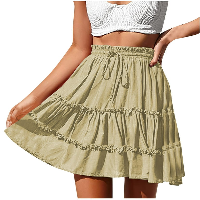 Women s Tiered Mini Skirt Solid Color Drawstring Elastic Waist Pleated Layer Ruffle Hem Flowy A Line Short Skirt