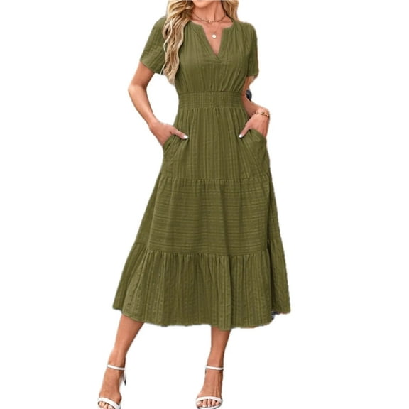 Women's Tiered Notched Short Sleeve Dress with Pockets and Stretch for Everyday Wear 95% Polyester 5% Spandex