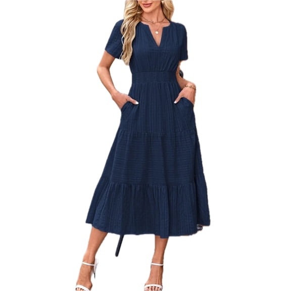 Women's Tiered Notched Short Sleeve Dress with Pockets and Stretch for Everyday Wear 95% Polyester 5% Spandex