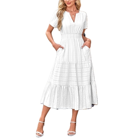 Women's Tiered Notched Short Sleeve Dress with Pockets and Stretch for Everyday Wear 95% Polyester 5% Spandex