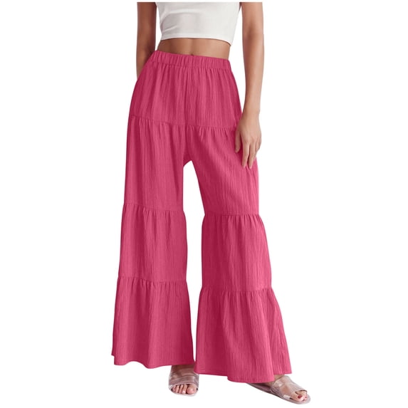 Women's Tiered Ruffle Hem Wide Leg Pants Elastic High Waist Flowy Beach Palazzo Boho Pants for Summer Causal
