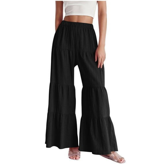 Women's Tiered Ruffle Hem Wide Leg Pants Elastic High Waist Flowy Beach Palazzo Boho Pants for Summer Causal
