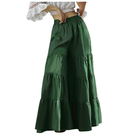 Women's Tiered Ruffle Hem Wide Leg Pants - Elastic Waist, Flowy Palazzo Boho Style, Casual/Outdoor Wear - Size XL-XXXXXL