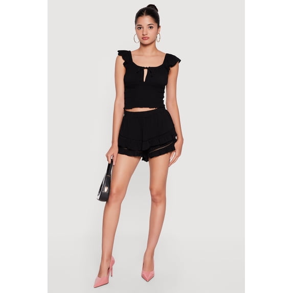 Women's Tiered Ruffle Shorts with Crochet Detail