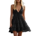 thumbnail image 1 of Women's Tiered Slip Dresses Deep V-Neck Ruffle Mini Dress Flowy Summer Dress for Vacation Party Festival Black S, 1 of 7