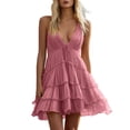 thumbnail image 1 of Women's Tiered Slip Dresses Deep V-Neck Ruffle Mini Dress Flowy Summer Dress for Vacation Party Festival Pink S, 1 of 7