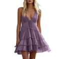 thumbnail image 1 of Women's Tiered Slip Dresses Deep V-Neck Ruffle Mini Dress Flowy Summer Dress for Vacation Party Festival Purple 3XL, 1 of 7