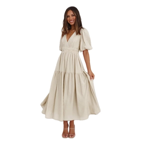 Women's Tiered Surplice Half Sleeve Midi Dress in Beige with Flowy Skirt and Smocked Waist 100% Polyester for Spring