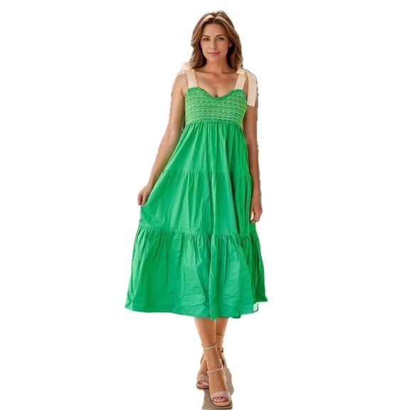 Women's Tiered Tie Shoulder Midi Cami Dress 100% Polyester Sheer Milky White Fabric Lightweight Elegant Everyday