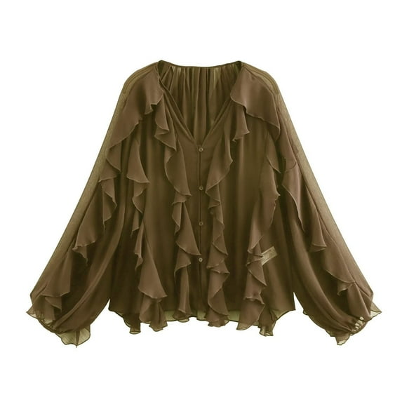Women’s Tiered V Neck Blouse Oversized Loose Fit Top Cute Ruffled Long Sleeve Shirt Blouse 2025 Going Out Outfits
