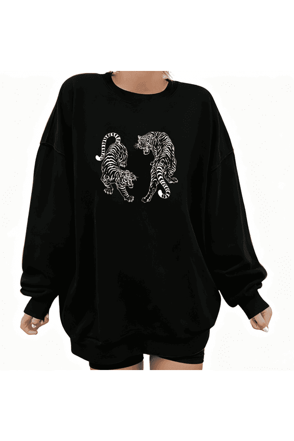 Women's Tiger Art Graphic Soft Breathable Tee T-Shirt Print Top Round-neck long-sleeved Black S-3XL