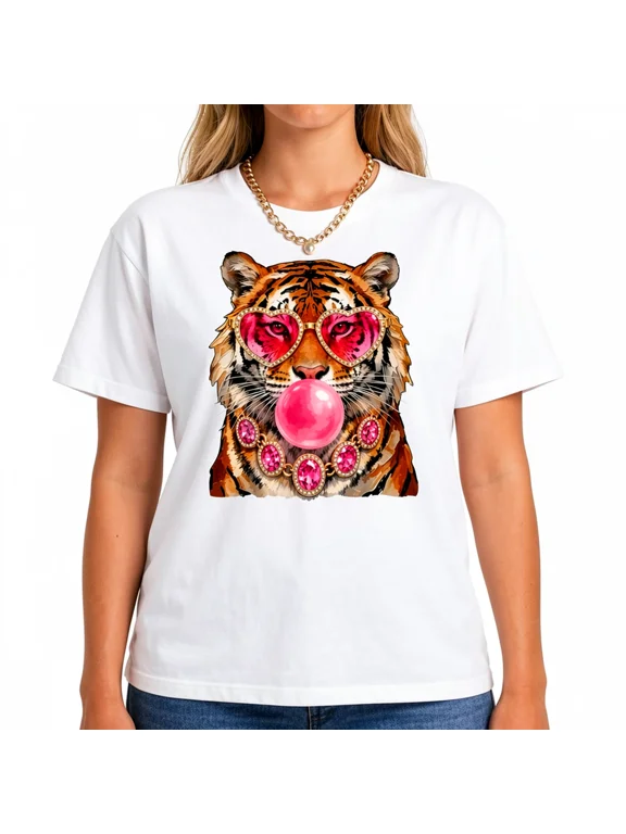 Women's Tiger Graphic T-Shirt, Heart Sunglasses Bubble Gum Short Sleeve Tee