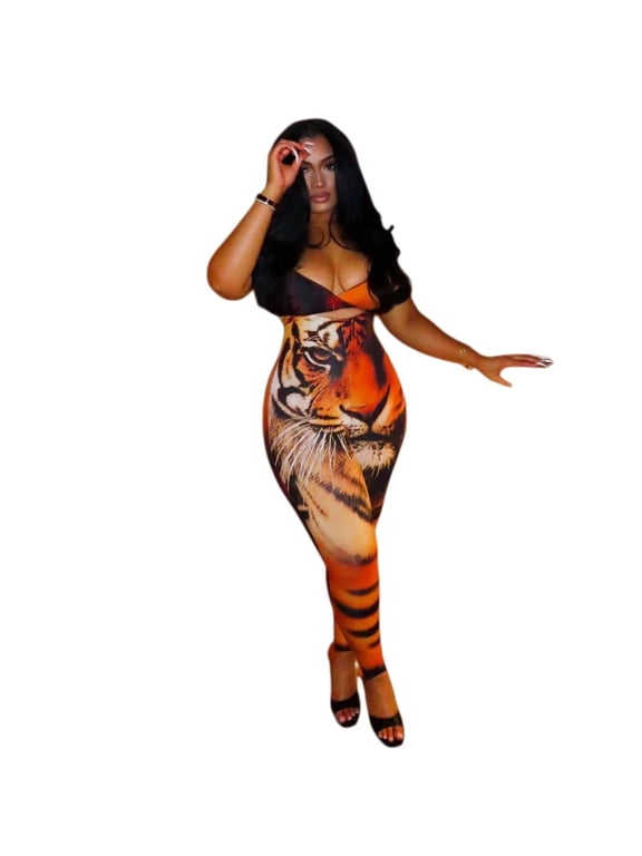Women’s Tiger Pattern Print Halter Hollow-Out Chest Wrapped Sleeveless Zipper Slim Jumpsuits, Sexy