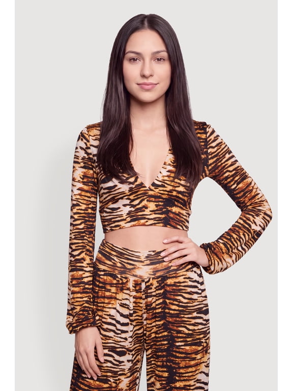 Women's Tiger Print Long Sleeve Crop Top