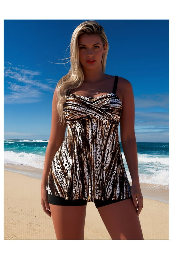 Women's Tiger and Leopard Animal Print Swimdress Tankini Swimsuit, Ruched Two-Piece with Boyshorts, Sizes S-XL