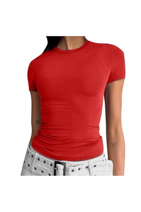 Women's Tight Short Sleeve T Shirts Crew Neck Basic Fitted Tees Solid Compression Blouses Y2K Athletic Clothes
