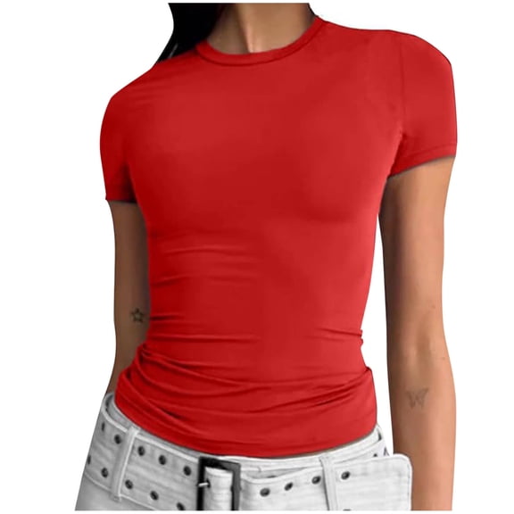 Women's Tight Short Sleeve T Shirts Crew Neck Basic Fitted Tees Solid Compression Blouses Y2K Athletic Clothes