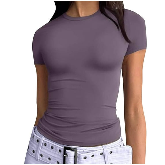 Women's Tight Short Sleeve T Shirts Crew Neck Basic Fitted Tees Compression Blouses Camping Athletic Clothes