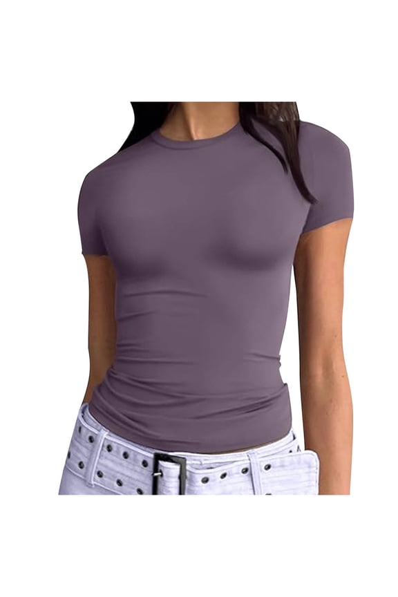 Women's Tight Short Sleeve T Shirts Crew Neck Basic Fitted Tees Solid Compression Blouses Y2K Athletic Clothes