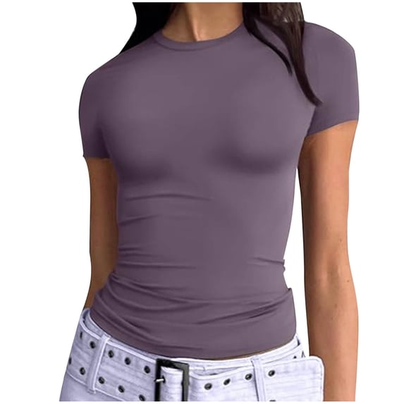 Women's Tight Short Sleeve T Shirts Crew Neck Basic Fitted Tees Solid Compression Blouses Y2K Athletic Clothes