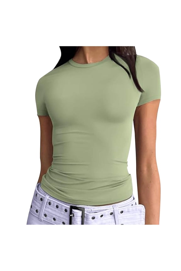 Women's Tight Short Sleeve T Shirts Crew Neck Basic Fitted Tees Solid Compression Blouses Y2K Athletic Clothes