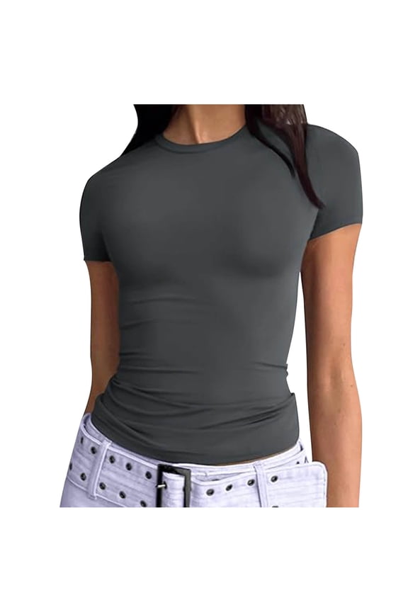 Women's Tight Short Sleeve T Shirts Crew Neck Basic Fitted Tees Solid Compression Blouses Y2K Athletic Clothes