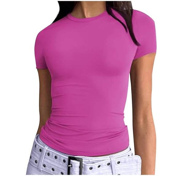 Women's Tight Short Sleeve T Shirts Crew Neck Basic Fitted Tees Solid Compression Blouses Y2K Athletic Clothes